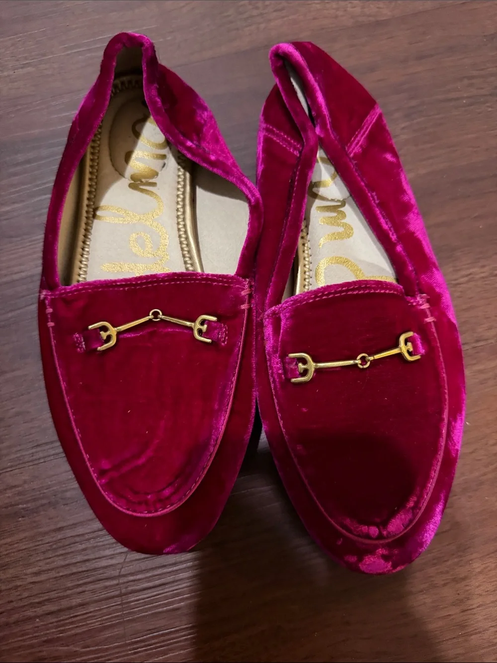 Sam Edelman Fuchsia Velvet Loafers with Gold Bit